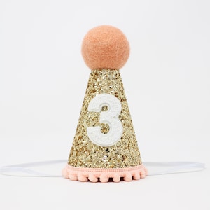 3rd Birthday Party Hat | Third Birthday Hat | 3rd Birthday Girl Outfit | Gold Glitter Hat + Choose Color + White Glitter 3