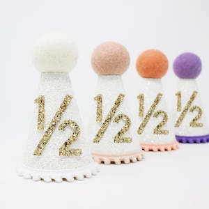 Half Birthday Girl Party Hat | White Glitter Hat + Choose Color + Pale Gold Glitter 1/2
