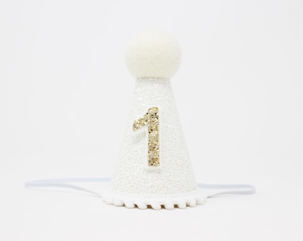 1st Birthday Party Hat | White Glitter Hat + Choose Color + Pale Gold Glitter 1
