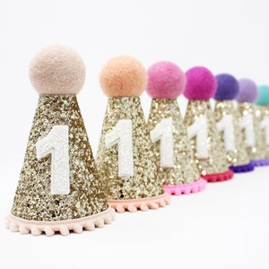 First Birthday Girl Party Hat | Gold Glitter Hat + Choose Color + White Glitter 1