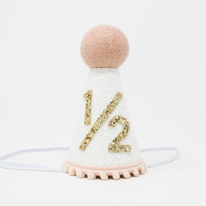 1/2 Birthday Girl Hat | Half Birthday Baby Party Hat | Baby Pink Blush Lilac | White Glitter Hat + Pale Gold Glitter 1/2