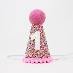 May include: A conical party hat covered in a vibrant, multi-colored sprinkle pattern. The hat features a large, white glittery number one on the front, a solid pink felt pom-pom on the top, a pink pom-pom trim at the base, and a thin white elastic strap.