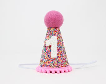 First Birthday Girl Party Hat | Mosaic Glitter Hat + Choose Color + White Glitter Number