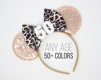 50th Birthday Mouse Headband | Cheetah Mouse Ears | 50th Birthday Mouse Ears | Cheetah Mouse Ears | Choose Age + Ear Color