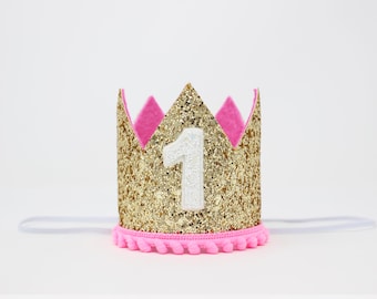 First Birthday Girl Crown | Gold Glitter Crown + Choose Color + White Glitter 1