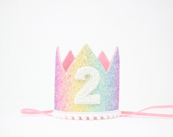 2nd Birthday Crown | 2nd Birthday Hat Glitter Crown | 2nd Birthday Girl Outfit | Pastel Rainbow Glitter