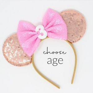 3rd Birthday Mouse Ears Headband | Kids Rose Gold Mouse Ears | Any Age + Choose Bow Color