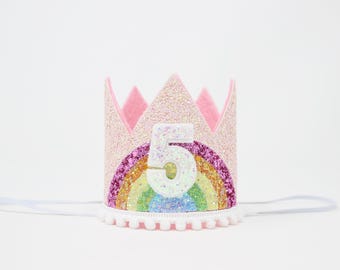 5th Birthday Crown | Pastel Rainbow Birthday Girl Hat | Baby Pink Glitter Crown + Pastel Rainbow + White Glitter Number