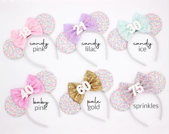 Birthday Mouse Ears Headband | Sprinkles Candy Color Mouse Ears | Any Age Choose Bow Color
