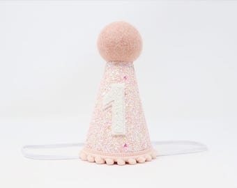 1st Birthday Hat | Baby Pink Glitter Hat + Baby Pink Trim/Top + White Glitter 1