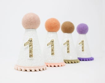 First Birthday Girl Party Hat | White Glitter Hat + Choose Color + Pale Gold Glitter 1