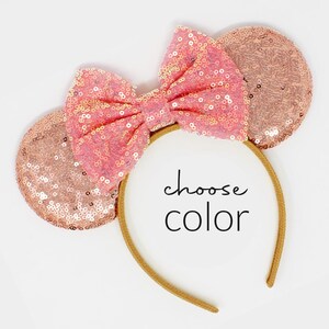 Rose Gold Mouse Ears | Pastel Candy Color Rose Gold Mouse Headband | Rose Gold Ears | Choose Bow Color