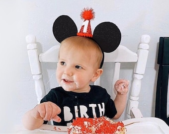 Birthday Felt Mouse Ears with Red Mini Party Hat | Choose Age