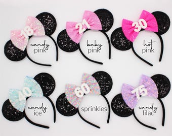 Birthday Mouse Ears Headband | Black Sequin Ears + Choose Bow Color & Age