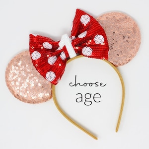 1st Birthday Mouse Ears Headband | Kids Rose Gold Mouse Ears | Any Age + Choose Bow Color