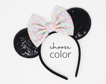 Diadema con orejas de ratón, talla única, para fiestas de niños y adultos, orejas de ratón con lentejuelas negras, color del lazo a elegir