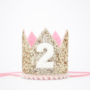 2nd Birthday Crown | Second Birthday Crown | 2nd Birthday Girl Outfit | Second Birthday Outfit Girl | Gold Glitter Crown + Baby Pink Accents