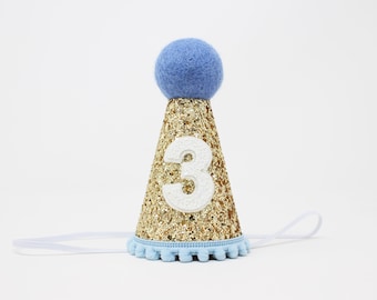 3rd Birthday Party Hat | Gold Glitter Hat + Choose Color + White Glitter 3
