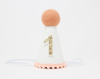 First Birthday Girl Party Hat | White Glitter Hat + Choose Color + Pale Gold Glitter 1