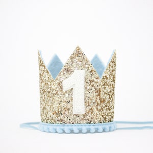 First Birthday Crown | 1st Birthday Crown | 1st Birthday Boy Outfit | First Birthday Outfit Boy | Gold Glitter Crown + Baby Blue Accents