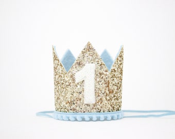 First Birthday Crown | 1st Birthday Crown | 1st Birthday Boy Outfit | First Birthday Outfit Boy | Gold Glitter Crown + Baby Blue Accents