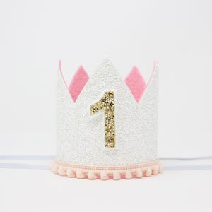 First Birthday Girl Crown | 1st Birthday Crown | Baby Pink Blush Hot Pink Lilac | White Glitter Crown + Choose Color + Pale Gold Glitter 1