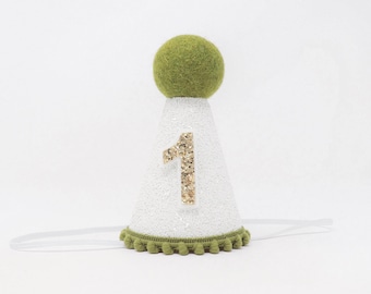 First Birthday Party Hat | White Glitter Hat + Choose Color + Pale Gold Glitter 1