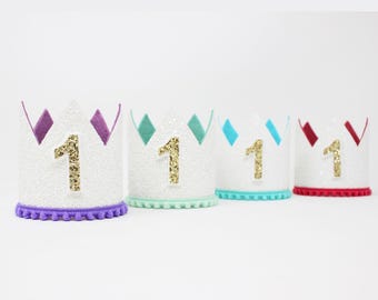 First Birthday Girl Crown | White Glitter Crown + Choose Color + Pale Gold Glitter Number