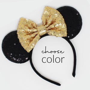 Gold Mouse Ears Headband One Size | Kids and Adult Party Mouse Ears | Black Sequin Mouse Ears | Choose Bow Color