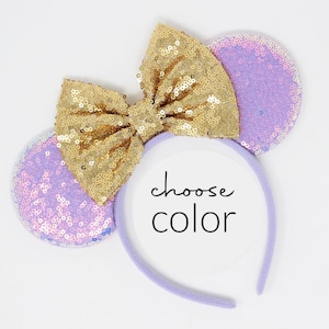 Candy Lilac Mouse Ears Headband One Size | Kids and Adult Party Mouse Ears | Purple Sequin Mouse Ears | Choose Bow Color