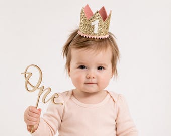First Birthday Girl Crown | Gold Glitter Crown + Choose Color + White Glitter 1