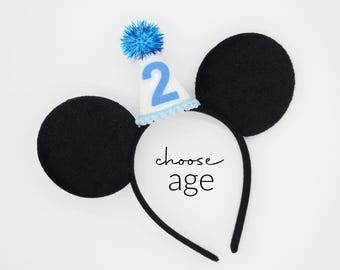 Birthday Felt Mouse Ears with White + Blue Mini Party Hat | Choose Age