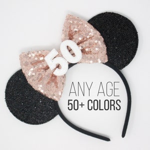 50th Birthday Mouse Headband 50th Birthday Ears 50th Birthday Mouse Ears 50th Birthday Party Ears Choose Age Bow Color image 1