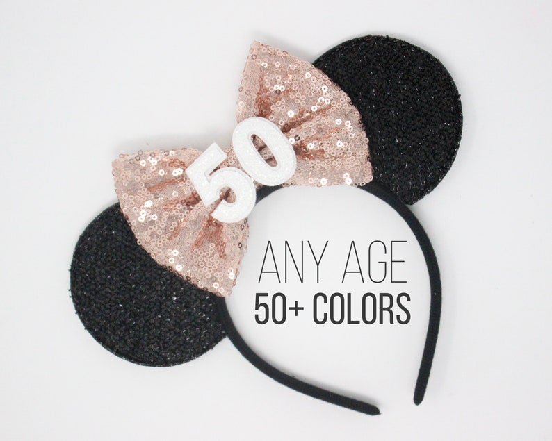 50th Birthday Mouse Headband 50th Birthday Ears 50th Birthday Mouse Ears 50th Birthday Party Ears Choose Age Bow Color image 1