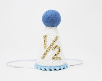 Half Birthday Boy Hat | White Glitter Hat + Choose Color + Pale Gold Glitter 1/2