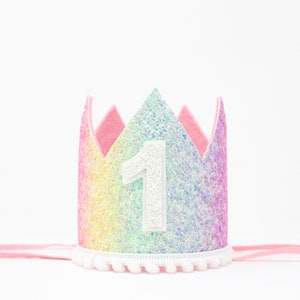 First Birthday Crown | 1st Birthday Crown | 1st Birthday Girl Outfit | First Birthday Girl | Pastel Rainbow Glitter Crown + Baby Pink Accent