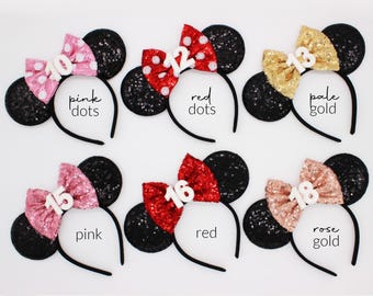 Birthday Mouse Ears Headband | Black Sequin Ears + Choose Bow Color & Age