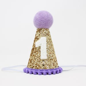 May include: A purple and gold glitter party hat with a white felt number one on the front. The hat has a purple pom-pom on top and a white elastic band.