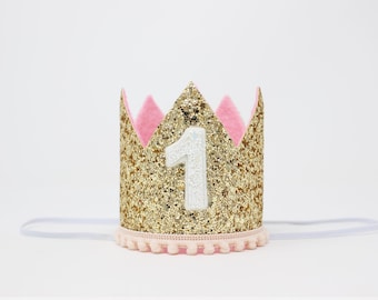 First Birthday Girl Crown | Gold Glitter Crown + Choose Color + White Glitter 1
