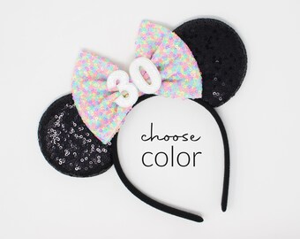 Birthday Mouse Ears Headband | Black Sequin Ears + Choose Bow Color & Age