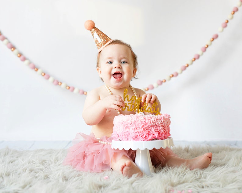 First Birthday Hat 1st Birthday Hat 1st Birthday Girl Outfit First Birthday Outfit Girl Rose Gold Glitter Hat Blush Accents image 4