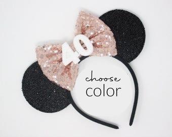 Birthday Mouse Ears Headband | Black Sequin Ears + Choose Bow Color & Age