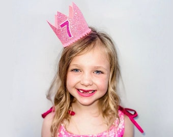 7th Birthday Crown Girl | 7th Birthday Girl Outfit | 7th Birthday Outfit | Glitter Birthday Crown | 7th Birthday Hat | Hot Pink + Magenta