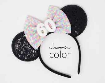 Birthday Mouse Ears Headband | Black Sequin Ears + Choose Bow Color & Age