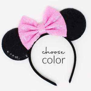 Pink Mouse Ears Headband One Size | Kids and Adult Party Mouse Ears | Black Sequin Mouse Ears | Choose Bow Color