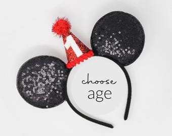 1st Birthday Sequin Mouse Ears | Mouse First Birthday Ears with Party Hat | Choose Age