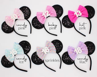 Birthday Mouse Ears Headband | Black Sequin Ears + Choose Bow Color & Age