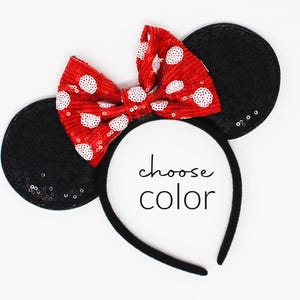 Mouse Ears Headband One Size | Kids and Adult Party Mouse Ears | Black Sequin Mouse Ears | Choose Bow Color