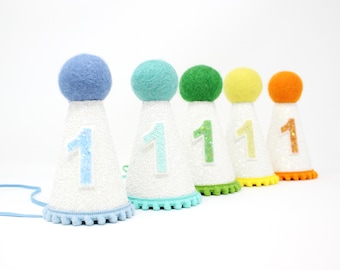 First Birthday Boy Party Hat  | White Glitter Hat + Choose Color