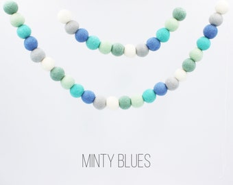 Minty Blues Pom Pom Garland | Blue Felt Ball Garland | Nursery Decor Boy | Mint Birthday Felt Pom Pom Garland | Choose Length
